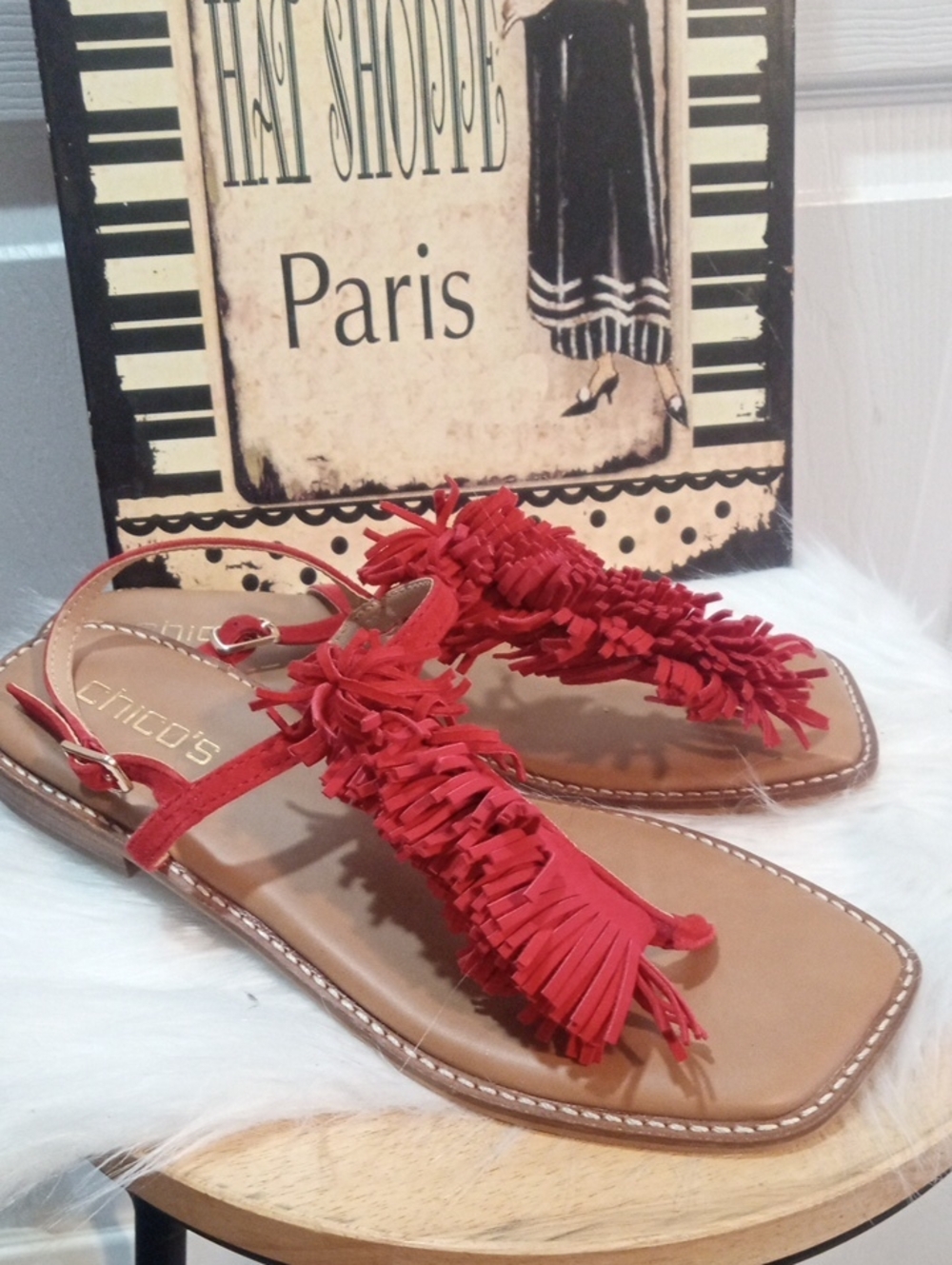 CHICO'S RED FRINGE SANDALS
